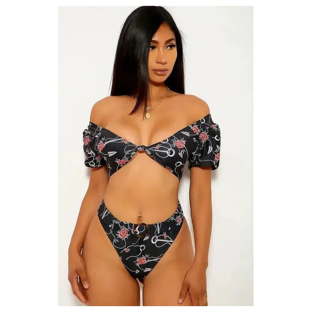 Black Rose Print Two Piece Swimsuit