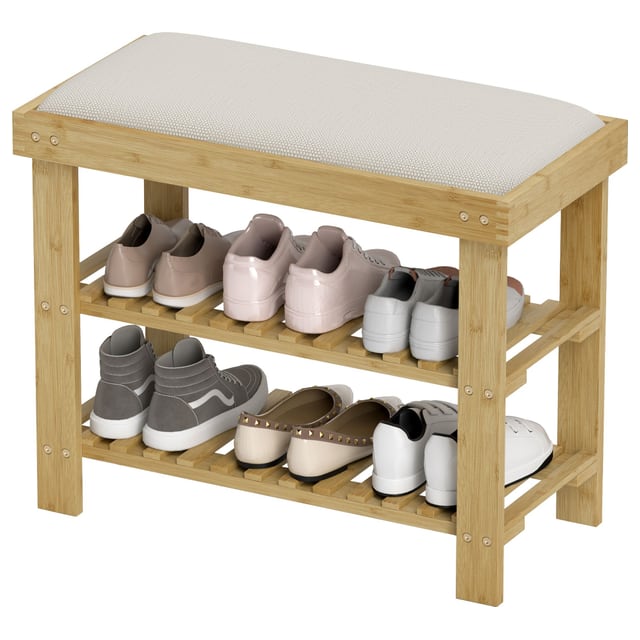 HOMCOM Bamboo Shoe Storage Bench, 3-Tier Entryway Bench with Cushion, Shoe Organizer for Entryway, Hallway, Natural