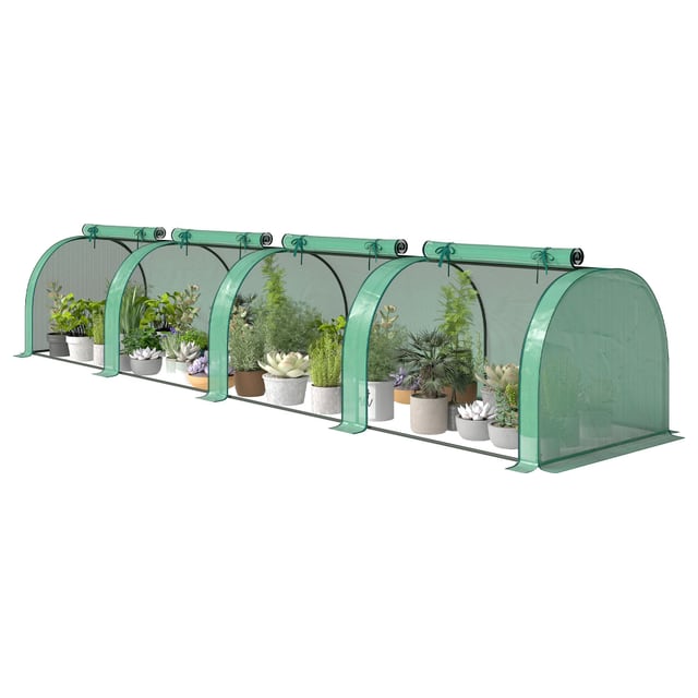 Outsunny Mini Greenhouse, Portable Greenhouse with 4 Roll-Up Doors, PE Cover, 177.2" x 39.4" x 31.5", Green