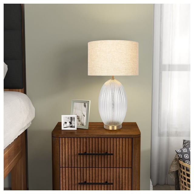 Aurora Ribbed Glass Table Lamp with Large Linen Shade, Elegant Design and Golden…