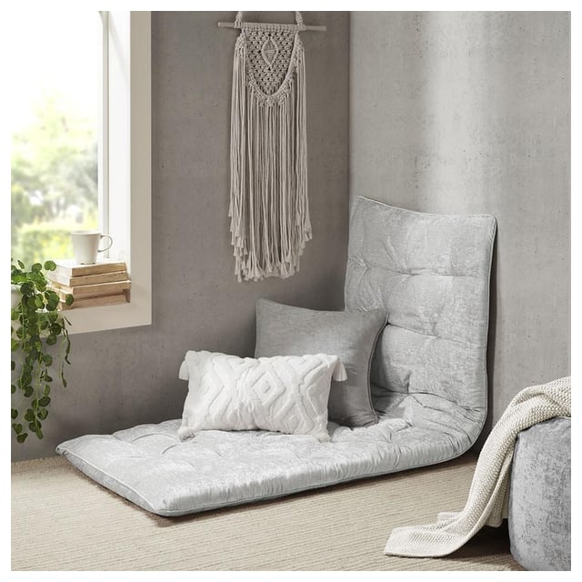 Lightweight Poly Chenille Floor Pillow Cushion with Tufted Detailing, Travel Wrap, Versatile Long Lounger for Relaxing, 74" L x 27" W x 3" H, Gray