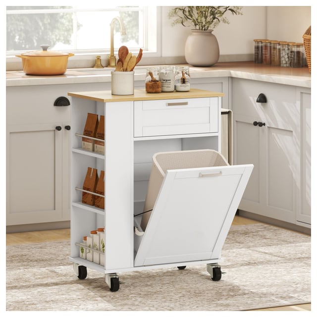 HOMCOM Kitchen Cart with Trash Can Storage, Rolling Kitchen Island with Wheels, Spice & Rack and Drawer for Kitchen, White | Aosom Canada