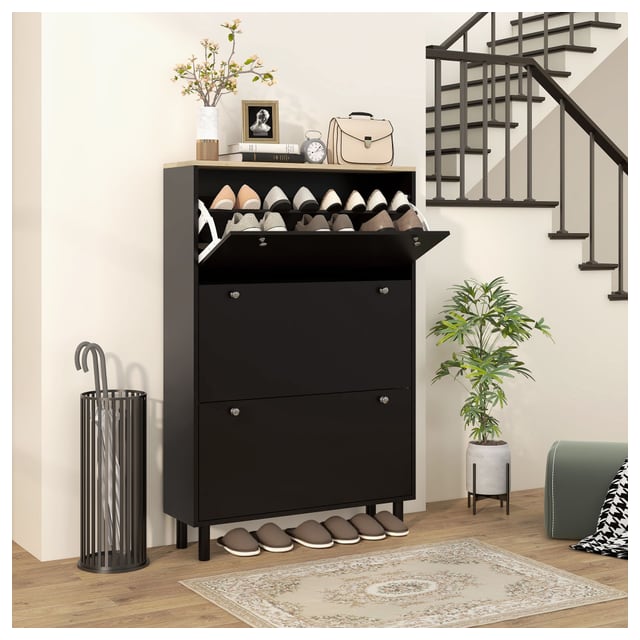 HOMCOM Entryway Shoe Storage Small Modern Flip-Flop Cabinet with 3 Flip Drawers Adjustable Shelves for 24 Pairs Black | Aosom Canada
