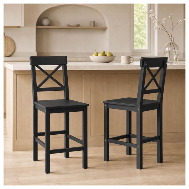 HOMCOM Counter Stools Set of 2, 38.4" Solid Wood Farmhouse Bar Stools with X-Frame Back for Kitchen Island, Black | Aosom Canada
