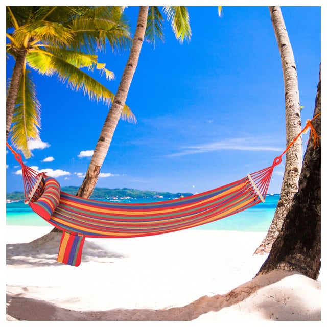Outsunny Cotton Hammock Portable Soft Swing Sleeping w/ Headrest & Side Pocket Deluxe Swing Chair for Beach, Yard, Bedroom, Patio, Porch, Indoor, Outd