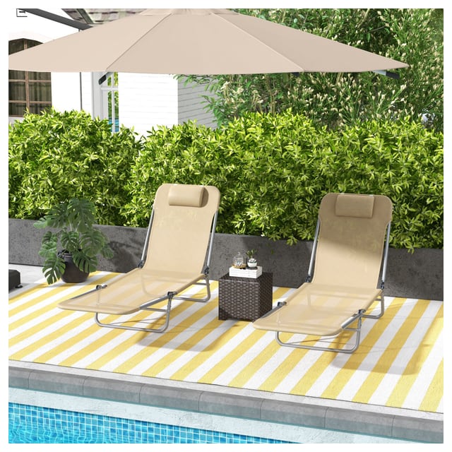 Outsunny Folding Outdoor Lounge Chair Set of 2, Reclining Tanning Chair with 5-Position Adjustable Backrest, Brown | Aosom Canada