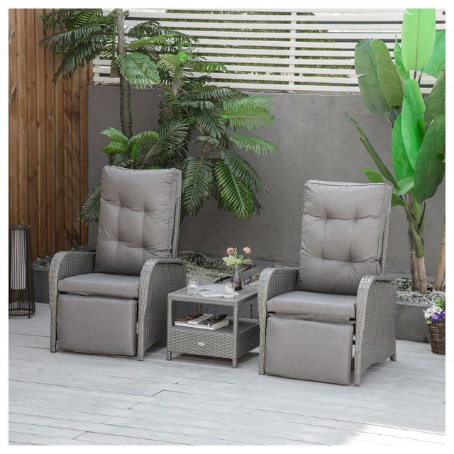 Outsunny Aluminum Frame Rattan Patio Furniture Set 3PC High Back Recliner Chair Bistro Set Outdoor Sofa Set Wicker PE | Aosom Canada