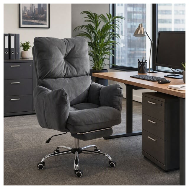 HOMCOM Office Chair with Foot Rest, Ergonomic Reclining Computer Gaming Chair w/ Snow Flannel Fabric, Thick Cushion, Dark Grey | Aosom Canada