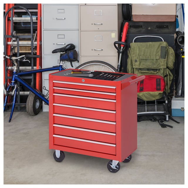 HOMCOM Mobile Tool Chest with 7 Drawers Lockable Storage Cabinet Organizer for Workshop Mechanics Garage Red | Aosom Canada