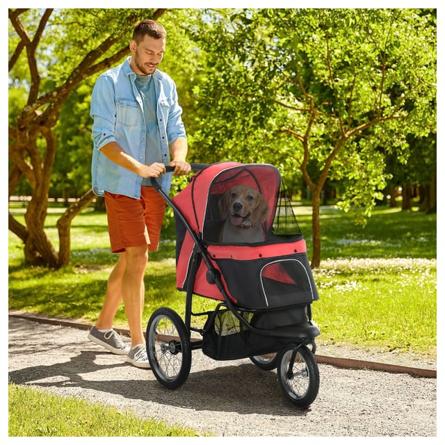 PawHut 3 Big Wheels Pet Stroller Red Adjustable Canopy Travel Folding Carrier…